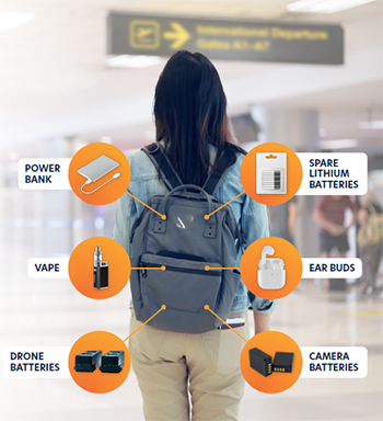 Image indicating power banks, spare lithium batteries, vapes, ear buds, drone batteries and camera batteries much be in carry-on bag