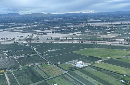 Contrast of green paddocks and flooded area