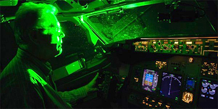Pilot facing laser beam in cockpit