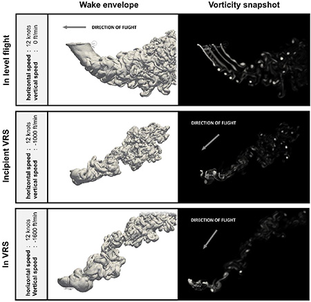 Structure of the rotor wake in level flight compared with the structure in fully developed VRS.