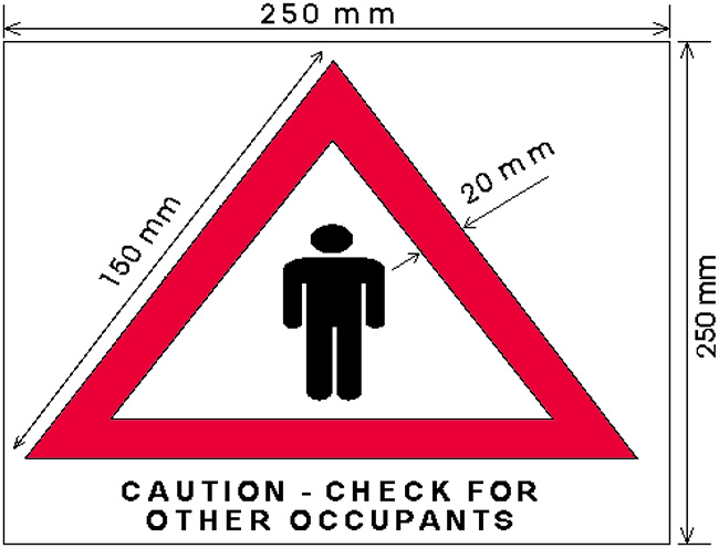 A black figure within a red triangle on a white background.